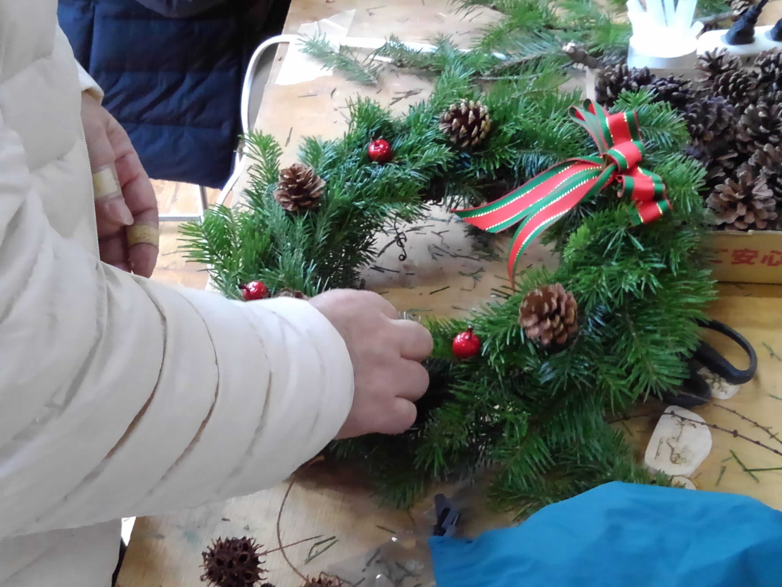 モミの葉でクリスマスリース作り